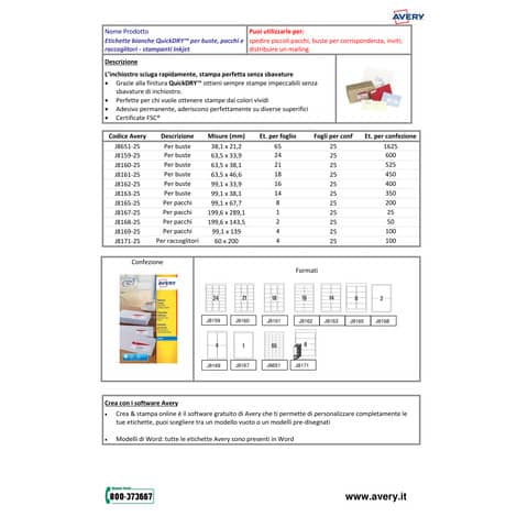 Etichette bianche per buste AVERY QuickDRY™ 99,1x33,9 mm - 16 et/foglio - stampanti inkjet - cf. 25 fogli J8162-25